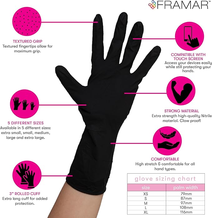 FRAMAR Black Gloves Disposable Latex Free – Extra Small Nitrile Gloves Black, For Hair Dye, Tattoo Supplies, Cleaning, Mechanic – Extra Durable & Resistant – 12 Inches Long – 100 Pack