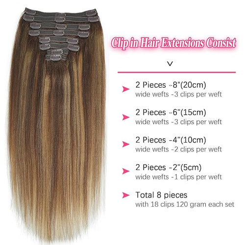 #4/27/4 Yaki Straight Clip in Hair Extensions Real Human Hair Omber Clip ins For Women Yaki Straight Clip on Hair(16inch,#4/27/4)