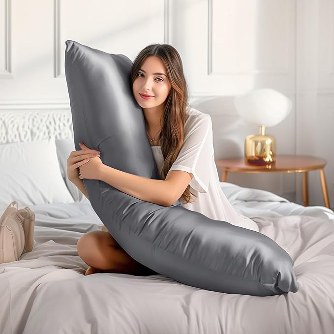 BEDELITE Satin Body Pillow Cover, Super Soft and Cooling Body Pillow Pillowcase for Hair and Skin, Breathable Silky Full Long Pillowcase Cover(20"x54", Dark Grey)