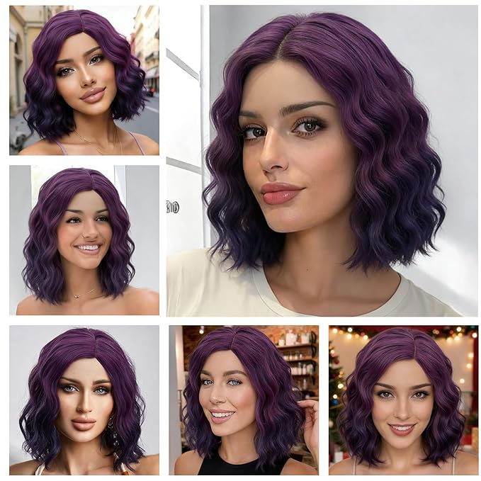 BUFASHION 14" Women Short Dark Purple Kinky Straight Cosplay Synthetic Wigs With Air Bangs 46 Colors Available (Ombre Dark Purple)