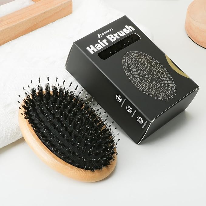 Bamboo Boar Bristle Hair Brush for Women, Men & Kids – Detangling Brush for All Hair Types (Fine, thin, Thick, Curly) Reduces Frizz & Breakage – Smoothing Shine & Health Hair Brush to Travel