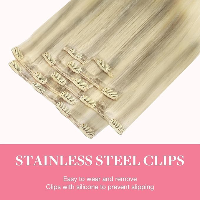 GOO GOO Clip in Hair Extensions Real Human Hair, Remy Human Hair Extensions Clip ins for Women, Natural Human Hair, 24 Inch 170g 7Pcs, 17/22/60 Balayage Ash Blonde to Golden Blonde and Platinum Blonde