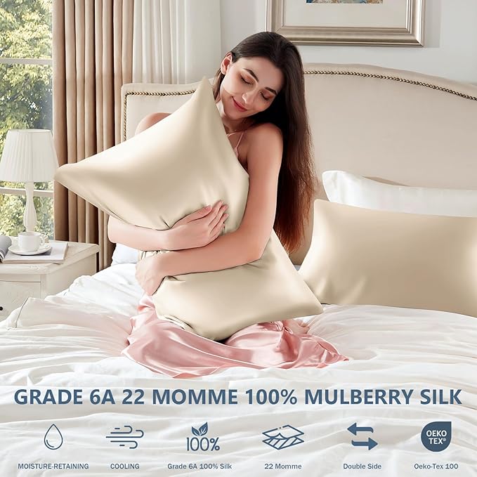 Silk Pillow Cases Standard Size 100% Mulberry Silk Pillowcase for Hair & Skin 22 Momme Both Sided Grade 6A Silk Cooling Soft Breathable 20 x 26 Inches with Hidden Zipper 1PC, Beige