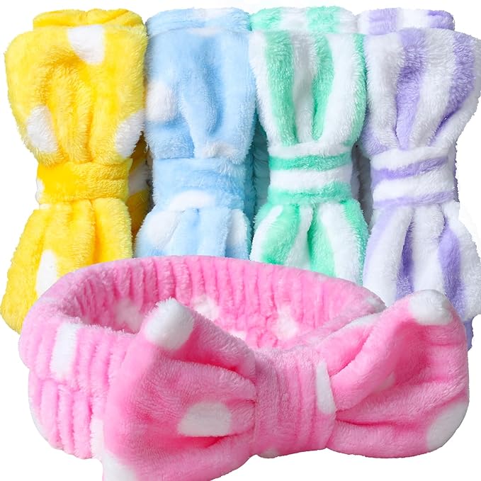 Teenitor 5pcs Makeup Headband with Removable Bow, Spa Headband for Washing Face for Teen Girls Women, Christmas Gifts Basket for Teens Girls Party, Skin Care Hairband