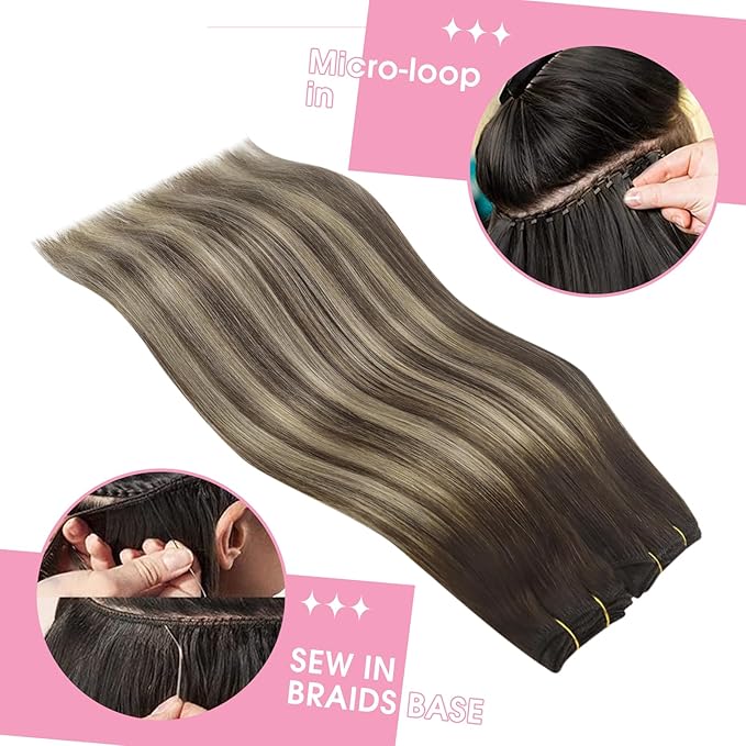 YoungSee Sew in Hair Extensions Real Human Hair Balayage Double Weft Hair Extensions Human Hiar Chocolate Brown with Ash Blonde Balayage Straight Hair Extension Sew in 20Inch 100G