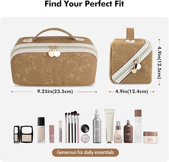 Prite Travel Cosmetic Bag Makeup Organizer Bag For Women Large Capacity Waterproof PU Leather Toiletry Bag with Handle and Clear Divider(Brown Flower)