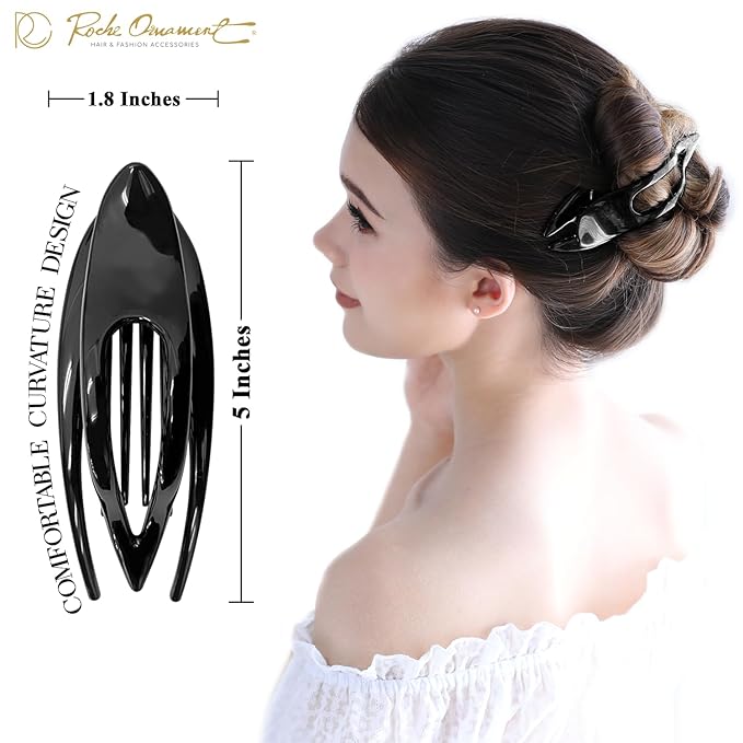 RC ROCHE 6 Pcs Flat Hair Clips Big Claw for Thick Hair French Duckbill Women No Slip Side Slide Curved Alligator Concord Strong Grip Hold Volume Lay Down Clamp, Large Black