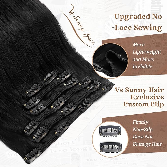Ve Sunny Clip in Human Hair Extensions Black Clip in Hair Extensions Double Weft Clip ins Real Hair Extensions for Women 20 Inch 7Pcs 120g