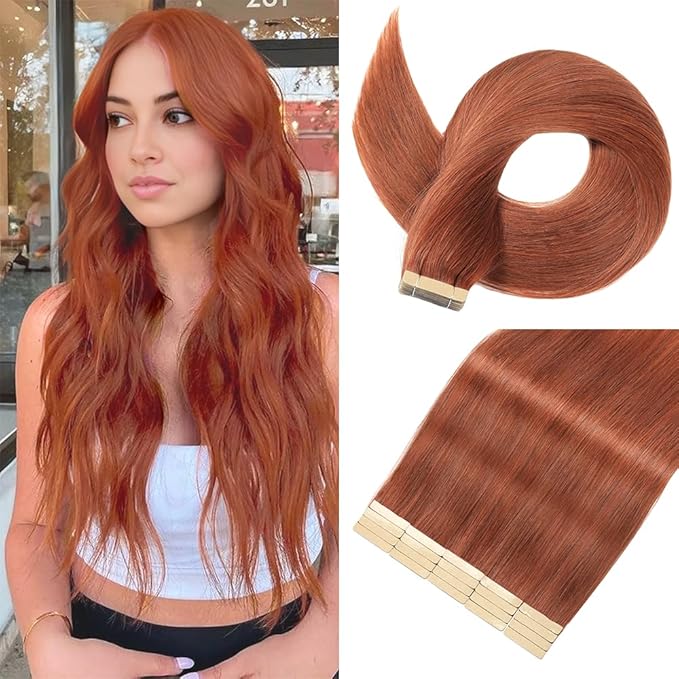 Tape in Hair Extensions Human Hair Dark Reddish Auburn Hair Extensions 18 Inch 20pcs Remy Straight Human Hair Tape in Extensions Skin Weft Tape Extensions Human Hair