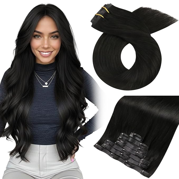 Moresoo Seamless Hair Extensions Clip in Black Clip in Extensions Real Human Hair Black Natural #1B Pure Skin Invisible for Women Long 120g/7pcs 16in