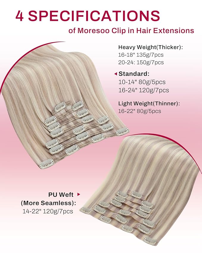 Moresoo Seamless Clip in Hair Extensions Human Hair Blonde Highlight Remy PU Weft Human Hair Clip in Extensions Ash Blonde with Bleach Blond Hair Extensions for Women with Hint of Pink 7pcs 120g 18in