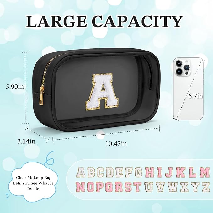YOOLIFE Travel Toiletry Bag for Women, Black Clear Makeup Bag Cute Make Up Bag Cosmetic Bags Skin Care Makeup Bag Organizer Birthday Gifts for Women Teacher Mother Girlfriend Initial T