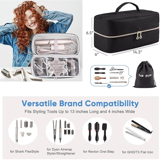 Hair Tools Travel Case - Black Dryer Bag, Large Case for Shark FlexStyle/SmoothStyle, Air Wrap Dryer & Curling Iron Organizer