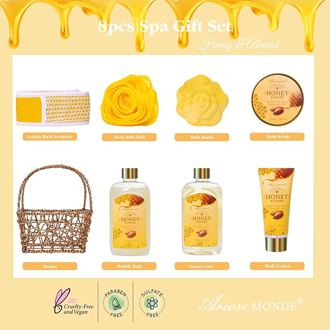 Gift Baskets , Spa Gifts for Women, 8pcs Honey Almond Bath Gift Set for Women, Relaxation Self Care Spa Kit W/Bath Bomb, Bubble Bath, Mom Birthday Gifts, Christmas Gifts Thank You Gifts