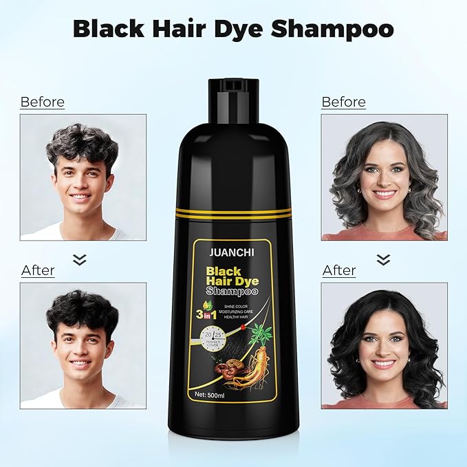 JUANCHI Black Hair Dye Shampoo 3 in1, Black Shampoo Hair Dye for Gray Coverage, Natural Hair Color for Women Men, Herbal Formula, Ammonia-free, Lasts 30 Days, 500ml (16.90 oz)