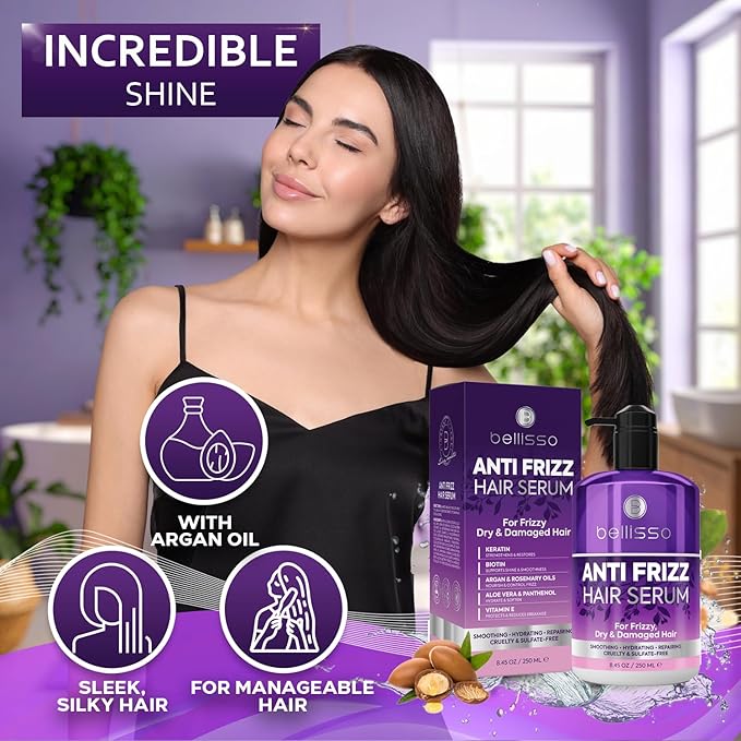 BELLISSO Anti Frizz Hair Serum for Frizzy and Damaged Hair - Humidity Treatment Control - Styling and Smoothing Products for Women and Men - 8.45 Fl Oz