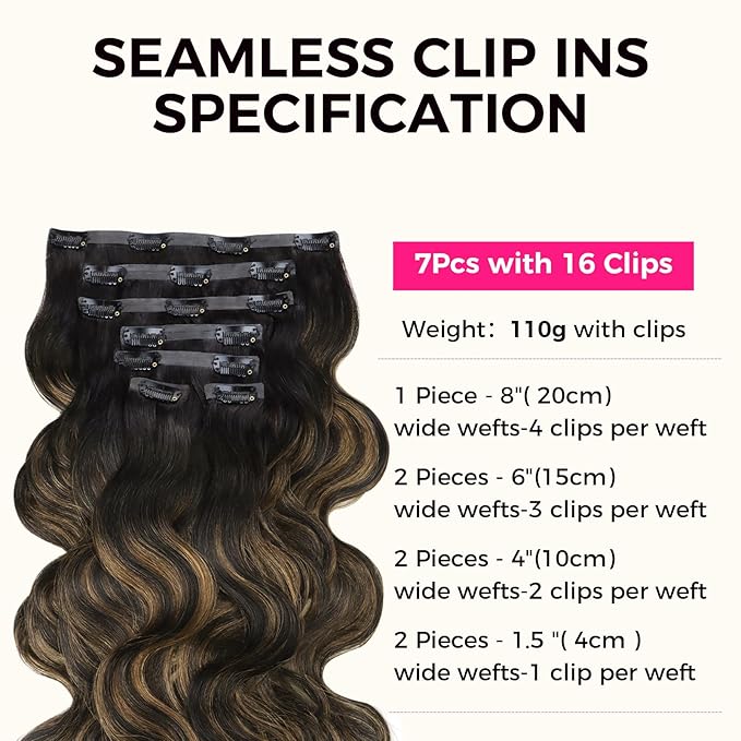 Lashey Seamless Clip in Hair Extensions Human Hair Natural Black Mixed Chestnut Brown Body Wave Clip in Hair Extensions with Invisi Edge 7pcs 110g 14 Inch