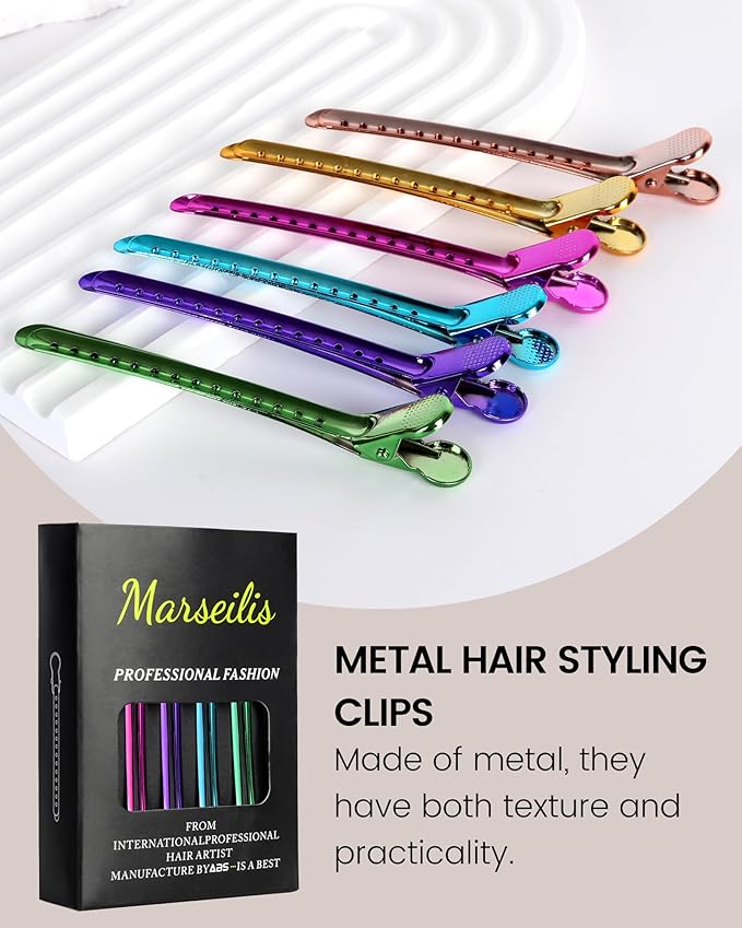 Professional Hair Clips for Styling Sectioning 12 pcs Anti-Slip No-Trace Duck Billed Hair Clips Rustproof Metal Alligator Curl Clips for Salon & Makeup,Mix color