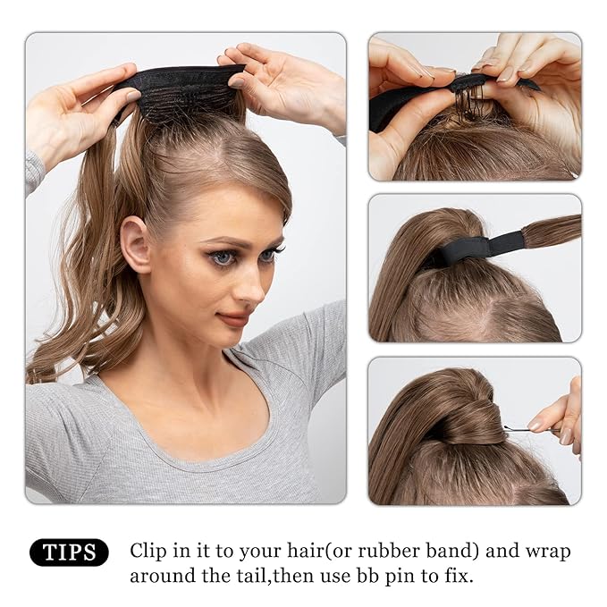CJL HAIR 22" Long Ponytail Hair Extension Wrap Around Pony Tail Clip in Curly Wavy Synthetic Fake Hairpiece for Women Light Honet Blonde