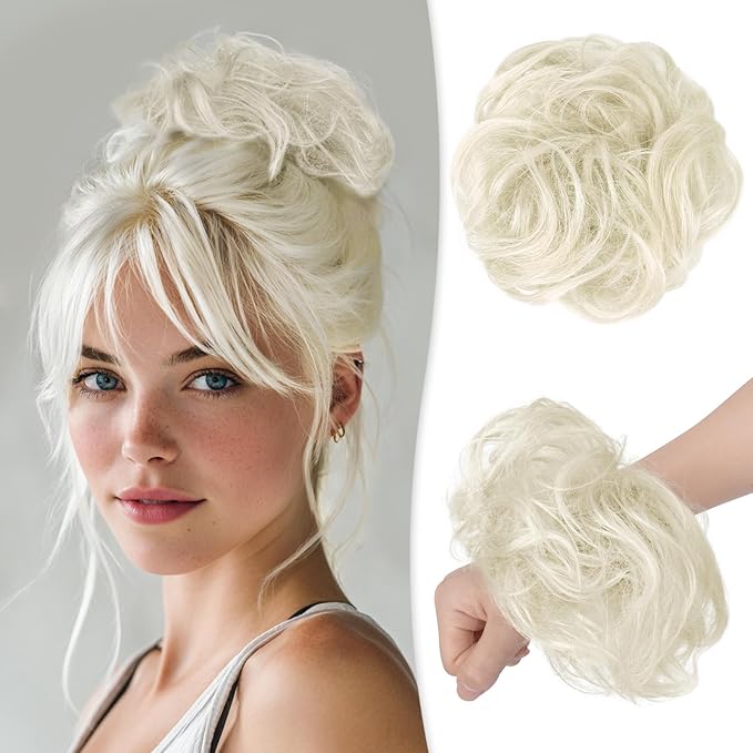 RUWISS Large Messy Bun Hair Piece 100% Human Hair Layered Wavy Curly Hair Buns Hair Piece for Women Updo Hairpiece for Daily Wear Real Hair Ponytail Extension (Platinum)