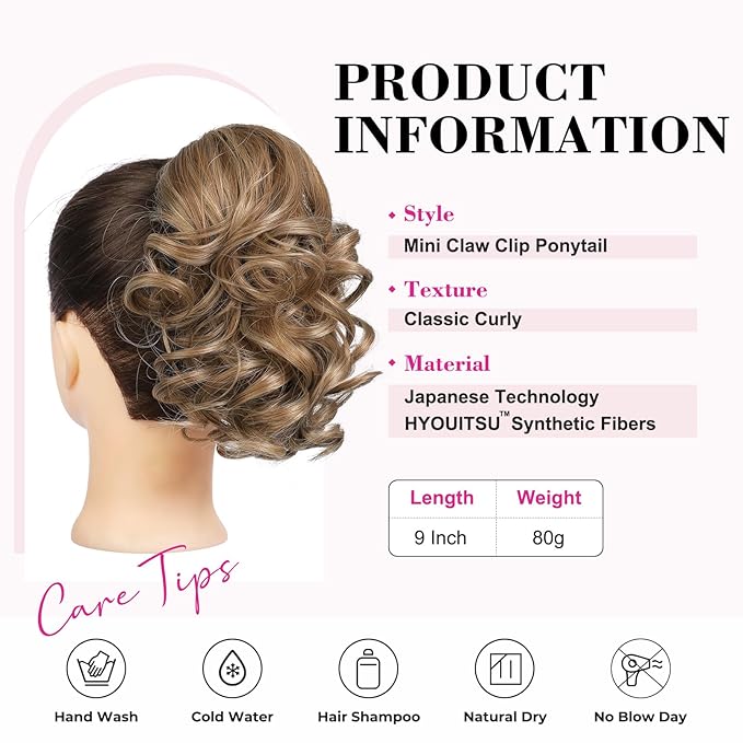 REECHO 9" Short Ponytail Extension, Classic Loose Curly Wavy Claw Clip Pony tails Hair Extensions HP001 Hairpieces for Women - Light Golden Brown