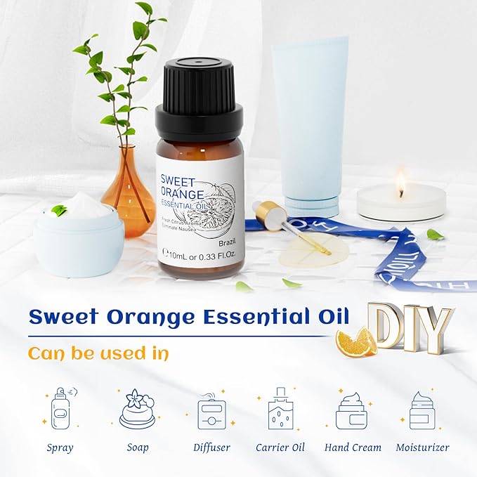HIQILI Sweet Orange Essential Oil,100% Pure Natural for Diffuser, Aromatherapy-10ml