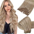 Ve Sunny Human Hair Clip in Extensions Full Head Remy Hair Extensions Blonde Highlight for Women Warm Color Clip in Hair Extensions Straight 120g 7pcs 16 inch