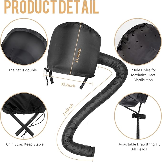 Bonnet Hood Hair Dryer Attachment - Hair Dryer Bonnet with Elastic Strap, Used for Hair Styling, Deep Conditioning and Hair Drying (Black)