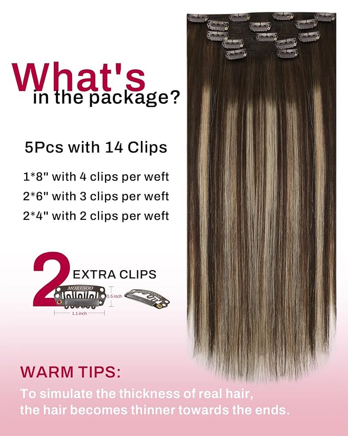 Moresoo Clip in Hair Extensions Human Hair Dark Brown to Blonde Balayage Hair Extensions Clip ins Long Ombre Dark Brown to Honey Blonde Double Weft 80g/5pcs 20 inch