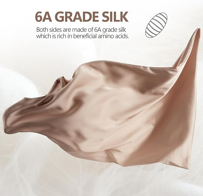 Set of 2 100% Silk Pillow Cases Queen - 6A Luxury Mulberry Silk Pillowcase for Hair and Skin - Anti-Wrinkle, Cooling & Smooth, Hidden Zipper - Pillowcases for Sleeping Women Girl, Boy, Beige