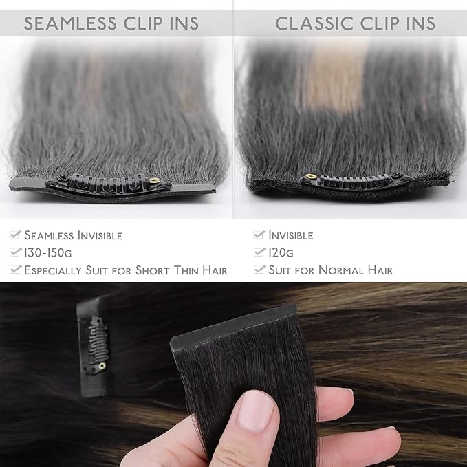 WENNALIFE Seamless Clip In Hair Extensions, 14 Inch 130g 7pcs Natural Black Mixed Chestnut Brown Hair Extensions Clip in Human Hair Invisible PU Skin Weft Natural Remy Human Hair Extensions