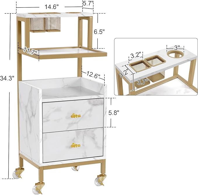 BarberPub Rolling Salon Cart with Storage Drawers, Barber Trolley with Metal Tool Holder & Basket, Beauty Salon Equipment for Hair Stylist 2084 (White)