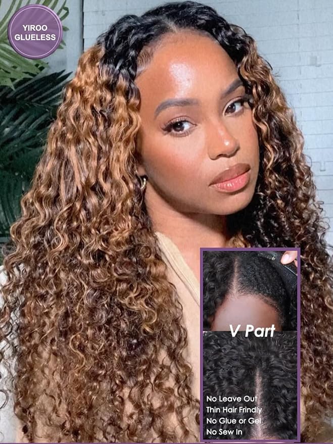 YIROO EasiContour V Part Wigs Ombre Brown Glueless Human Hair Upgrade U Part Wig with Dark Roots Highlight V Shape Clip Wigs Beginner Friendly with Drawstring Ready to Wear Chestnut Brown Color 14Inch