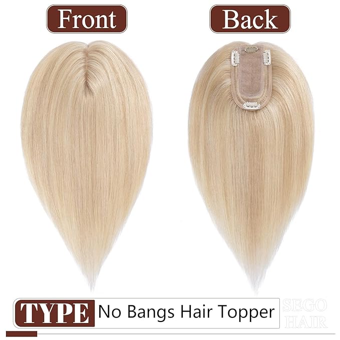 SEGO Human Hair Topper for Women, No Bangs Real Hair Topper with Anti-Slip Clips (8 Inch#18/613 Ash Blonde Mix Bleach Blonde)