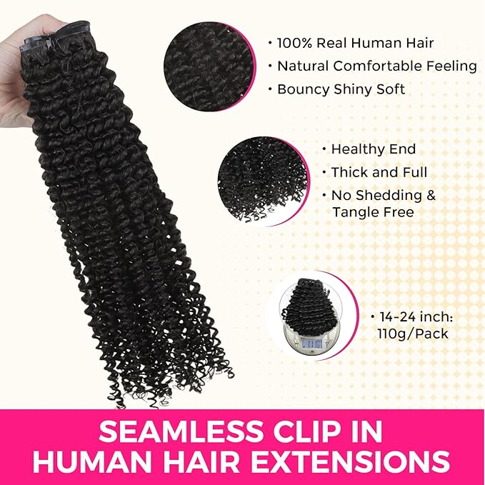 Lashey Kinky Curly Clip in Hair Extensions 110g 7pcs 18 Inch Natural Black Seamless Clip ins Hair Extensions Real Human Hair Soft Invisible Clip ins for Black Women