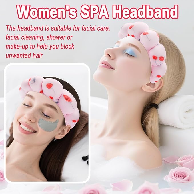 Zkptops Spa Headband for Washing Face Wristband Set Sponge Makeup Skincare Headband Velvet Fabric Bubble Soft Get Ready Hairbands for Women Puffy Headwear Non Slip Thick Thin Hair Accessory (Cherries)