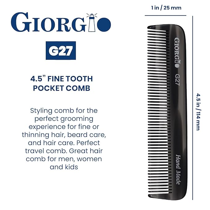 Giorgio G27 Handmade All Fine Tooth Pocket Comb, Hair Comb Straightener for Everyday Grooming Styling Hair, Mustache and Beard for Men Women and Kids, Saw Cut and Polished Black Graphite