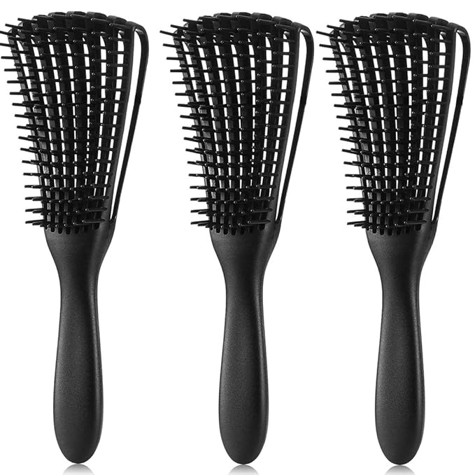 Detangling Brush for Afro American/African 3a to 4c Kinky, Wavy/Curly/Coily Hair - Scalp Massaging Comb for Thick/Long, Wet/Dry/Oily Hair (3 pcs, 3-Black)