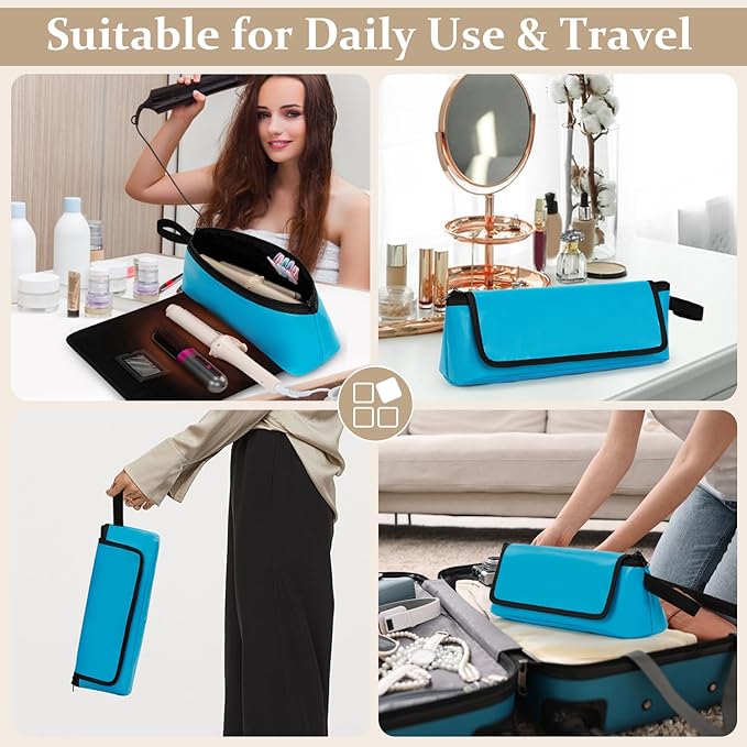 GNEGNI Hair Tools Travel Bag with Heat Resistant Mat, 2-in-1 Portable Hot Tools Organizer fits Curling Iron, Straightener & Hair Accessories, Travel Vacation Essentials(Blue/Pink) (Blue)