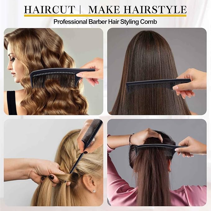 4 Pieces Combs for Women and Man, Premium Black Carbon Fiber Hair Comb Set for Teasing and Parting, Professional Combs for Hair Stylist, Fine and Wide Tooth Styling Comb for All Hair Types