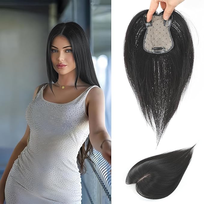 Hair Toppers for Women Real Human Hair, 360°3D Bangs Clip Human Toppers for Women with Thinning hair Realistic Scalp Line (Brown Black, 3D Side Bangs (11 * 7))