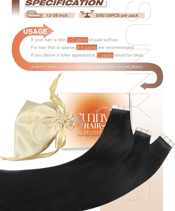 Sunny Hair Extensions Tape in Human Hair Natural Black Tape in Hair Extensions Human Hair 14 inch Remy Tape in Extensions Skin Weft 50g 20Pcs