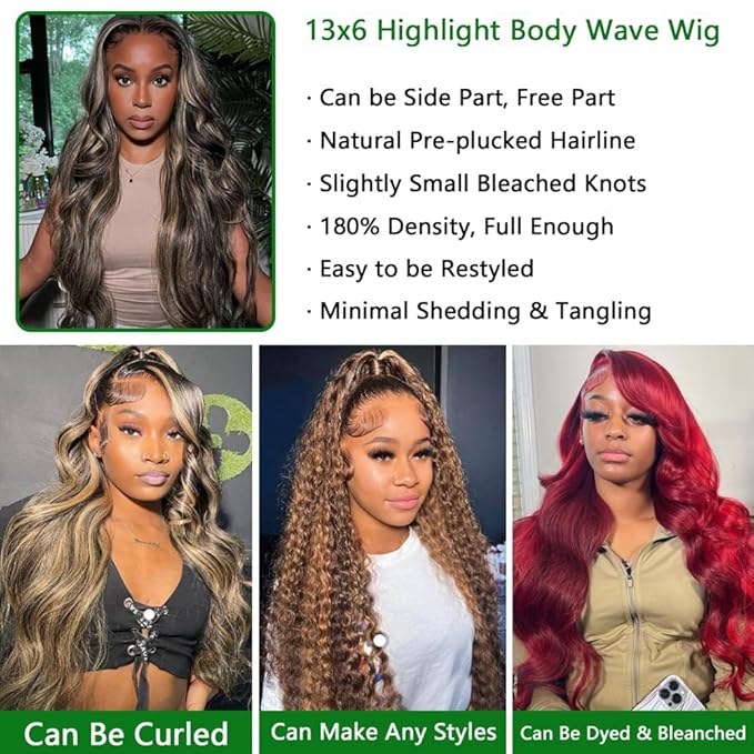 13x6 Body Wave Lace Front Wigs Human Hair 180% Density 13x6 HD Lace Front Wigs Human Hair 22Inch Highlight Balayage Wig FB/27 Glueless Wigs Pre Plucked Pre Cut Ombre Wig
