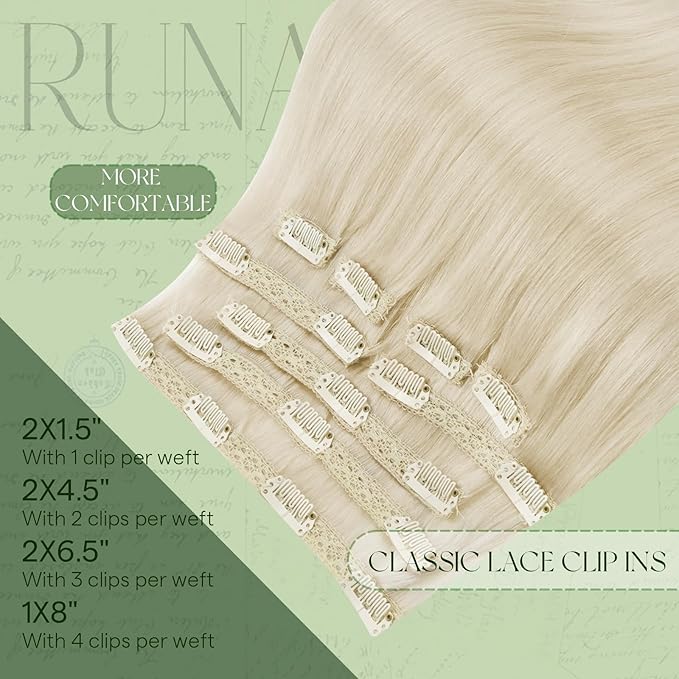 RUNATURE Real Human Hair Clip in Extensions, 14 Inch Thick Clip in Hair Extensions, Blonde Hair Extensions Clip Ins, Double Weft Remy Natural Hair, Add Hair Volume, 120g 7pcs #800 Platinum Blonde
