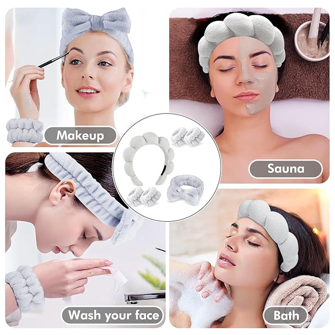 Zkptops 6Pcs Spa Headband for Washing Face Wristbands Set Women Bubble Skincare Makeup Sponge Terry Cloth Padded Puffy Headband Bow Tie Hairband Cute Non Slip Thick Hair Accessory Gifts (Grey)