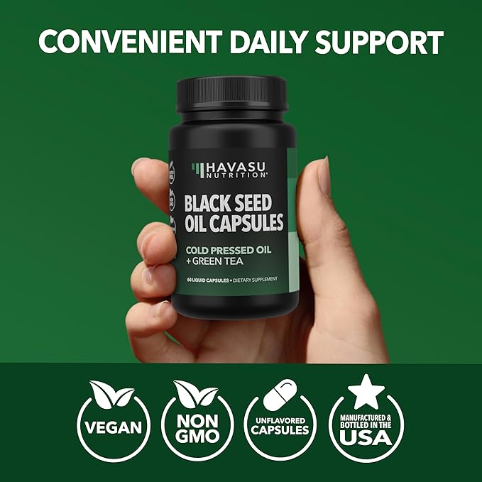 Cold Pressed Black Seed Oil Liquid Capsules with Green Tea Extract for Energy and Digestive Health Support - 60 Count - Nigella Sativa Supplement - Unflavored, Vegan, Non-GMO - 1 Month Supply