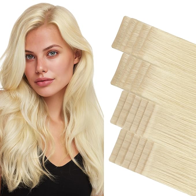 GOO GOO Invisi Edge Tape in Hair Extensions Human Hair, 613R Bleach Blonde 10pcs injected with 10pcs classical tape ins, 20inch 50g, Virgin Remy Hair, Natural Look