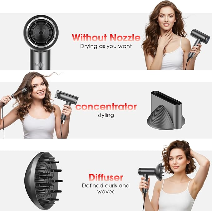 Hair Dryer with Magnetic Diffuser Attachments, Professional High Speed Ionic Blow Dryer for Fast Drying,9 Heat & 2 Speed Settings,Auto Clean and Cool Shot,Compact Hair Blow Dryer for Travel,Salon,Home