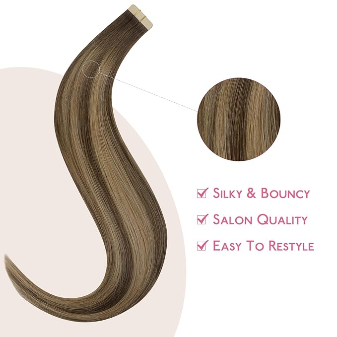Wennalife Tape in Hair Extensions Human Hair Balayage Chocolate Brown to Caramel Blonde Tape in Extensions, 10pcs 20g 12 inch Remy Invisible Tape Ins Straight Soft Real Human Hair Tape in Extensions