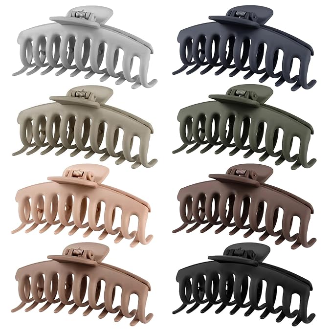 TOCESS Hair Claw Clips for Women – Large Clips for Thin Thick Hair Big Neutral Claw for Curly Hair Matte Nonslip Strong Hold 4.33 Inch Jumbo Claws Jaw Set (8 Pcs)